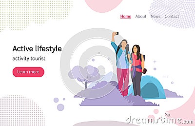 Tourists people group man and woman couple tourists traveling Vector Illustration