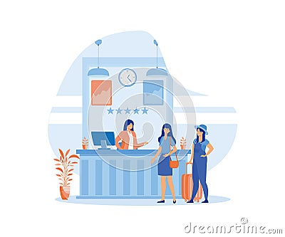 Tourists or people travelers standing at table in office lobby room interior, guests talking with receptionist. Vector Illustration