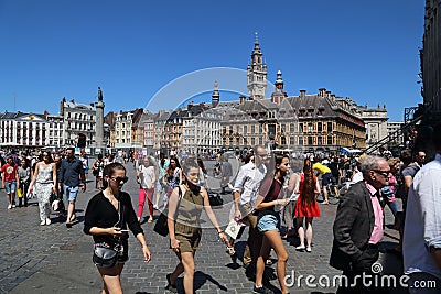 Tourists on Place du General de Gaulle in Lille, France Editorial Stock Photo