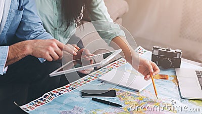 Tourists planning trip, choosing country for vacation Stock Photo