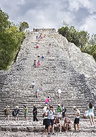 Tourists at the Pyramid Nohoch Mul of the Mayan Coba Ruins, Mexico Editorial Stock Photo