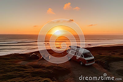 Tourists are resting on the coast of the sea in the rays of sunset with a minivan. Generative ai Stock Photo
