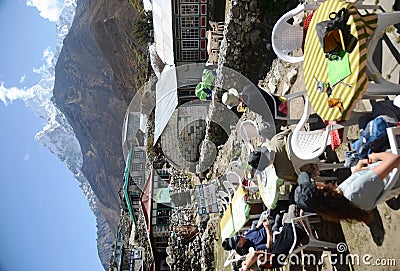 Tourists resting in the Everest base camp trail Editorial Stock Photo