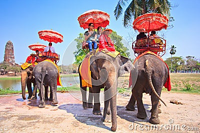 Tourists ride elephants in Ayutthaya province of Thailand Editorial Stock Photo