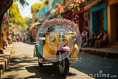 Tourists riding on a colorful tuk-tuk through narrow street - stock photography concepts Stock Photo