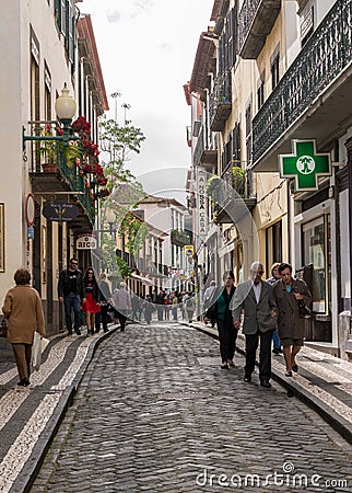 Tourists on Rua de Carriera in Funchal Madiera Editorial Stock Photo