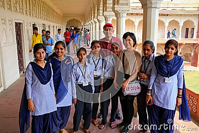Tourists standing in colonnade walkway leading to Diwan-i- Khas, Agra Fort, Uttar Pradesh, India Editorial Stock Photo