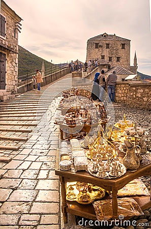 Tourists on the Stari Most - Iconic bridge in Bosnia Editorial Stock Photo
