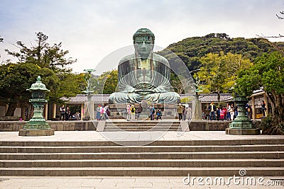 Tourists at statue of The Great Buddha of Kamakura, Japan Editorial Stock Photo