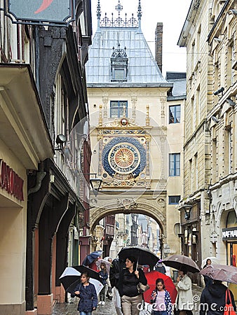 Tourists on steet Rue du Gros-Horloge, Rouen Editorial Stock Photo