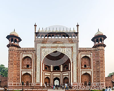 Tourists at the Taj Mahal main entrance gate Agra Rajasthan India Editorial Stock Photo
