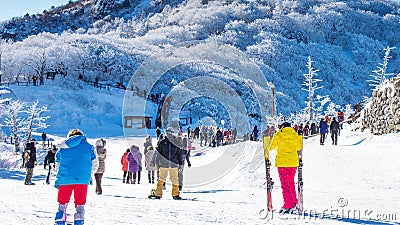 Tourists taking photos of the beautiful scenery and skiing. Editorial Stock Photo