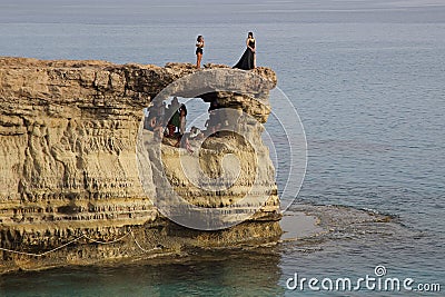 Sea caves and rock window of Cape Greco coastline, Ayia Napa, Cyprus Editorial Stock Photo