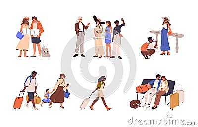 Tourists travel set. Excursion group going sightseeing, people waiting with luggage, taking photo with camera in trip Vector Illustration