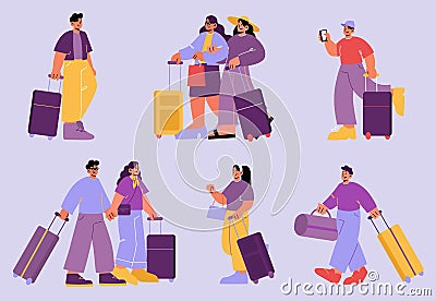 Tourists travel with suitcases and bag Vector Illustration