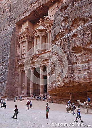Tourists at the treasury monument of petra archaeological site in Jordan, Asia Editorial Stock Photo