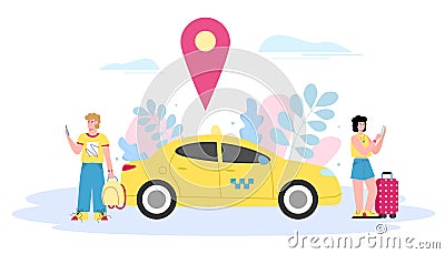 Tourists using mobile phone to order taxi, cartoon vector illustration isolated. Vector Illustration