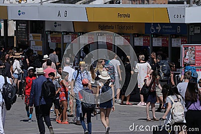 Tourists in Venice at vaporetto, water bus stop Editorial Stock Photo