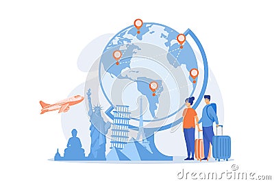 Tourists visiting Europe, America, Asia. Sightseeing tour for family vacation. Romantic couple enjoying worldwide journey, Vector Illustration