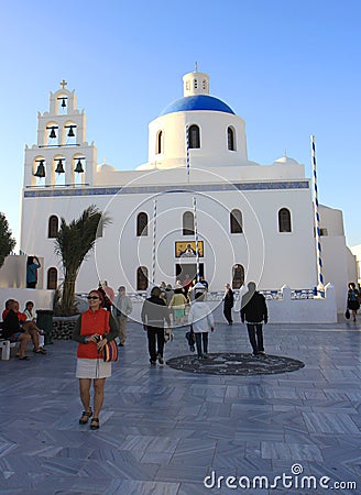 Tourists visiting Famous Church in Oia,Santorini Editorial Stock Photo