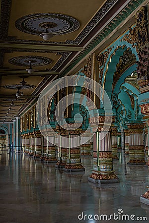 Tourists visiting the Interiors of the historic grand Mysore palace also called Amba Vilas palace Editorial Stock Photo