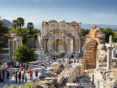 Tourists visiting the ruins Celsius Library of the ancient city, Ephesus, Turkey Editorial Stock Photo
