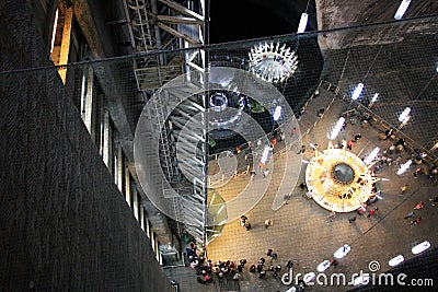 Tourists waiting at the elevator in Salina Turda Turda Salt Mine Editorial Stock Photo