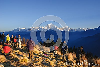 Tourists waiting sunrise at Poonhill, Annapurna circuit in Nepal Editorial Stock Photo