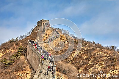 Tourists walking along the Great Wall of China Editorial Stock Photo