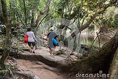 Tourists walking along the scenic river bank of Tahan River with lush rainforest foliage at Taman Negara National Park Editorial Stock Photo