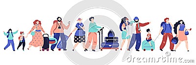 Tourists walking. Happy girl, travel people walk with suitcases. Airport passengers crowd run, family journey decent Vector Illustration