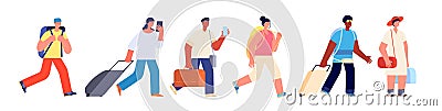 Tourists walking. Happy young tourist, travel airport queue. Woman man with suitcase bag luggage. Flat adult touristic Vector Illustration