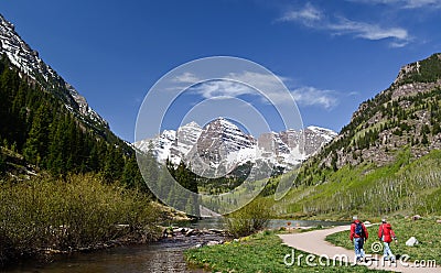 Tourists walking in Maroon Bells, Colorado Editorial Stock Photo