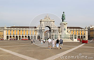 Tourists walking over Palace Square in Lisbon Editorial Stock Photo