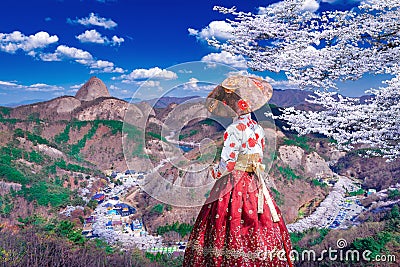 .Tourists wear hanboks to admire the beauty of the streets with cherry blossoms in Jinan-gun, South Korea Stock Photo