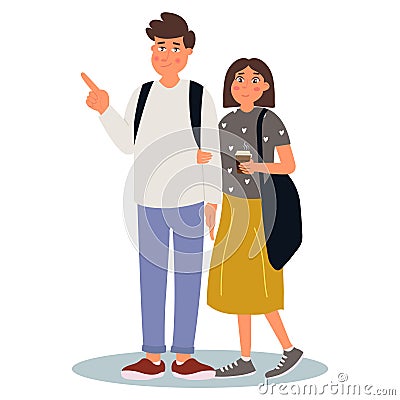 Tourists. Young man points to something. Surprised young woman looking for something.Element for an tourism and travel. Vector Vector Illustration