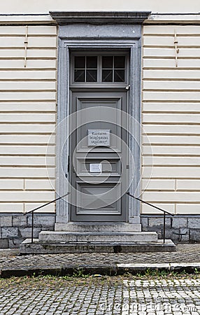 Tournai Doornik, Walloon Region - Belgium - Rectangular wooden entrance door of the Ursulines catholic primary and highschool Editorial Stock Photo