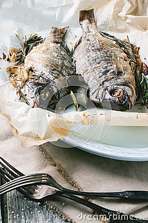 Tow grilled dorado fish Stock Photo