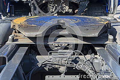 Tow hitch, rear view truck, tow hitch. Clutching a truck with a semitrailer, pressure hoses, electrical wires Stock Photo