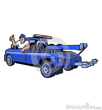 Blue Tow Truck Driver red uniform holding a paint of paint.Cartoon character Handy Man mechanic illustration plumber tow truck co Cartoon Illustration