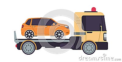 Tow truck. Cartoon evacuator. Side view of lorry carries automobile in trunk. Transportation faulty car. Vehicle for Vector Illustration