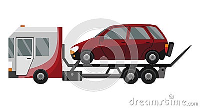 Tow truck. Flat faulty car loaded on a tow truck. Vehicle repair service which provides assistance damaged or salvaged Vector Illustration