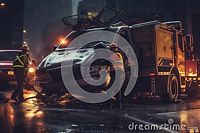 A tow truck operator removing a damaged vehicle from an accident scene, showcasing the importance of tow trucks in emergency Stock Photo