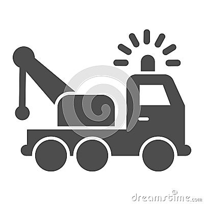 Tow truck solid icon. Vehicle salvage with crane and signal sirene symbol, glyph style pictogram on white background Vector Illustration