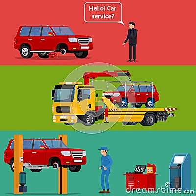 Tow truck transporting a broken machine to the car service. Vector Illustration