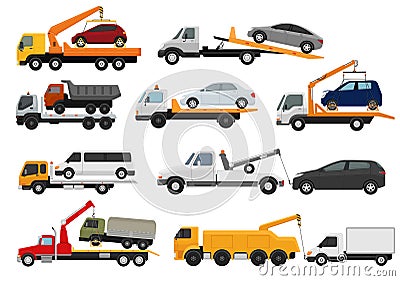 Tow truck vector towing car trucking vehicle transportation towage help on road illustration set of towed auto transport Vector Illustration