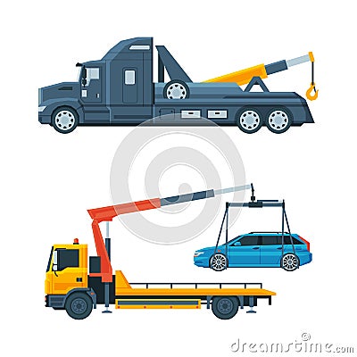 Tow Truck or Wrecker Moving Disabled or Impounded Motor Vehicle Vector Set Vector Illustration