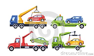 Tow Trucks Haul Away Cars Parked Improperly, Enforcing Penalties. Vehicles Are Evacuated To The Penalty Area Vector Illustration