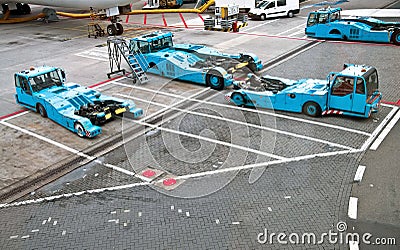 Towbarless Pushback tractors in airports Stock Photo