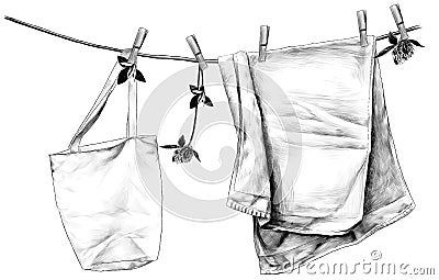 Towel and bag hanging on linen rope on wooden clothespins, rope decorated with flowers and clover leaves Vector Illustration